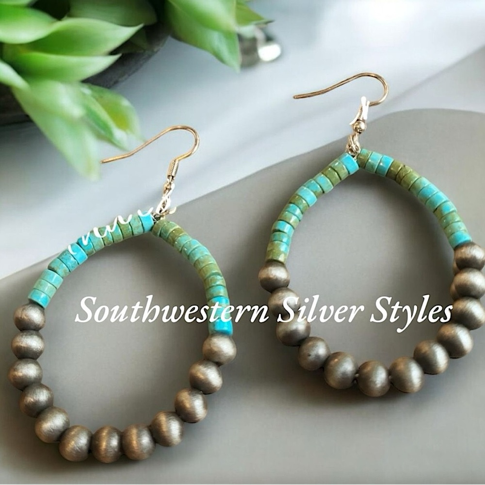 Turquoise Greenish Blue Color Navajo Style Desert Pearl Sterling Silver Earrings